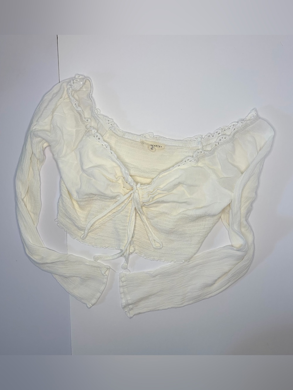 La Hearts Cream Lace-Trim Tie-Front Crop Top
